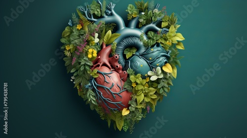 b'Vibrant illustration of a human heart made of twisting vines and blooming flowers' photo
