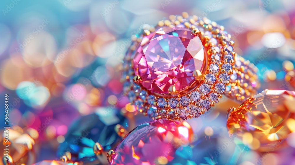 Pink diamond ring with diamonds and gemstones on a rainbow background. Pink diamond ring with diamonds and gemstones on a rainbow background.