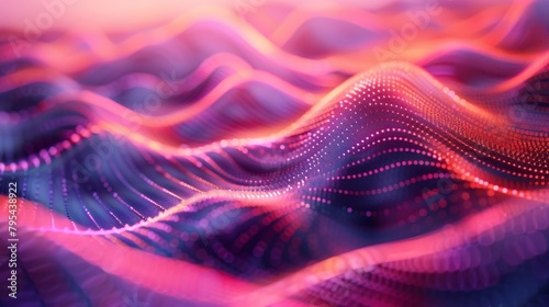 Pink and purple glowing particles form a landscape of rolling hills.