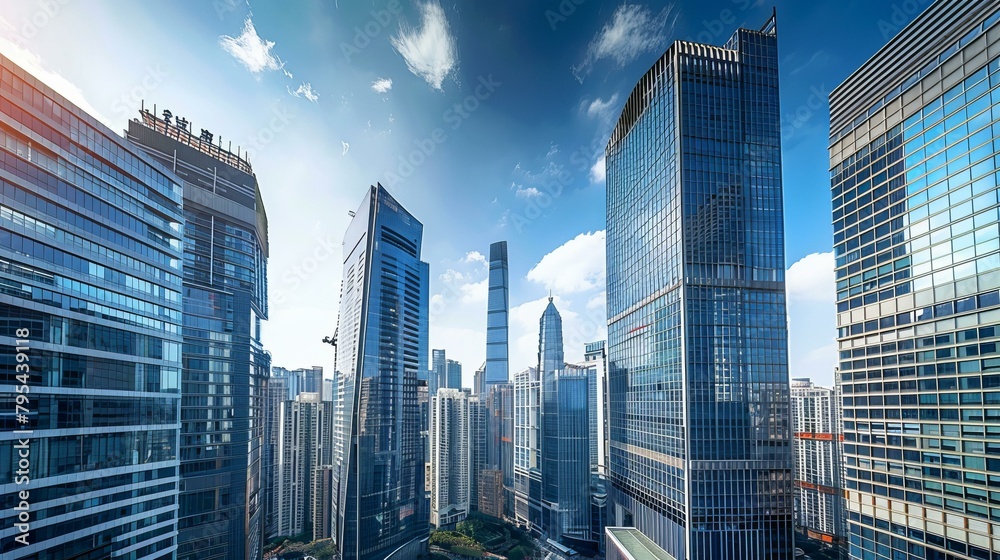 Fototapeta premium b'A cityscape of modern skyscrapers made of glass and steel with blue sky and white clouds in the background'