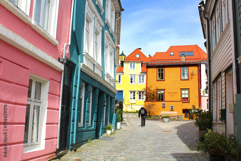 Old street with wooden houses in Bergen, Norway