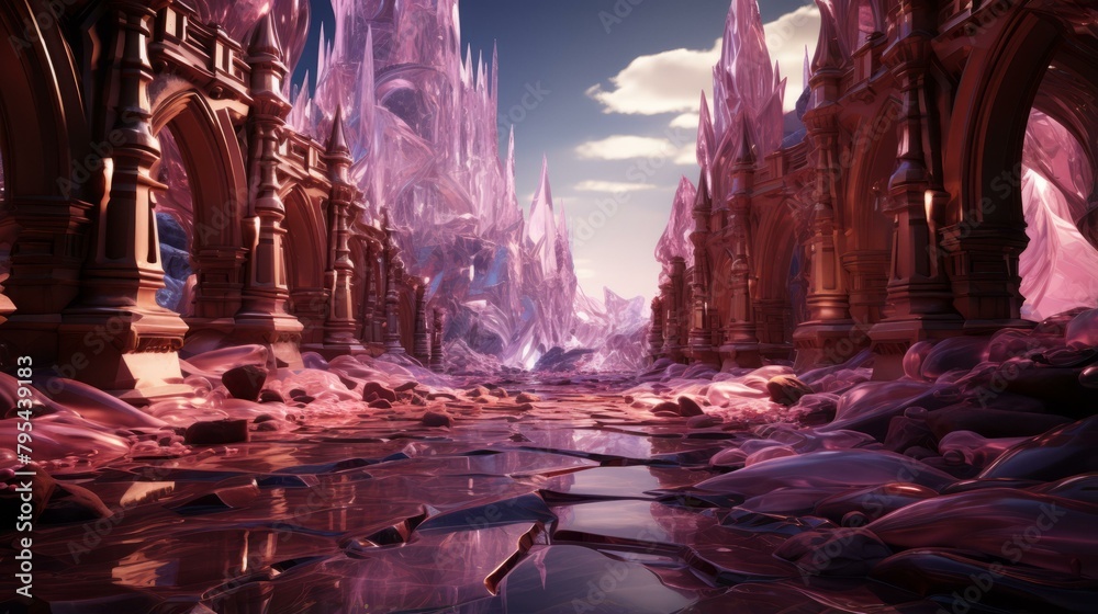 b'fantasy landscape with pink crystal structures'