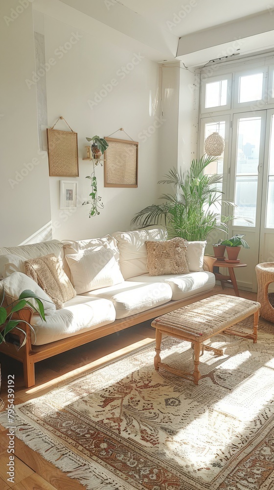 b'Bright living room with white sofa, plants, and vintage rug'