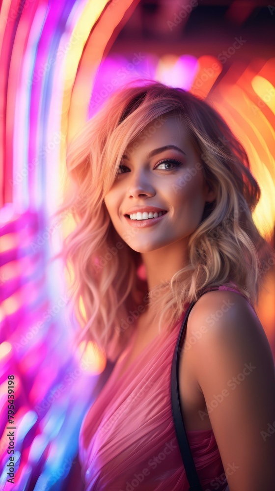 b'Portrait of a beautiful young blonde woman smiling with colorful lights in the background'