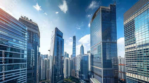 b A cityscape of modern skyscrapers made of glass and steel with blue sky and white clouds in the background 