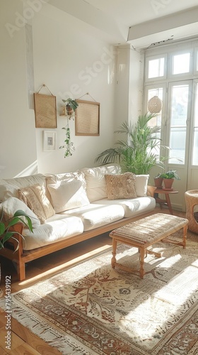b'Bright living room with white sofa, plants, and vintage rug' © Adobe Contributor