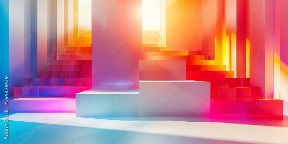 b'Abstract 3D rendering of a colorful geometric structure with a bright light source' b'Abstract 3D rendering of a colorful geometric structure with a bright light source'