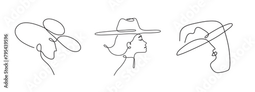 Linear portraits of young beautiful women wearing hat.  Collection of profile faces in one line style. I am a woman abstract vector illustrations