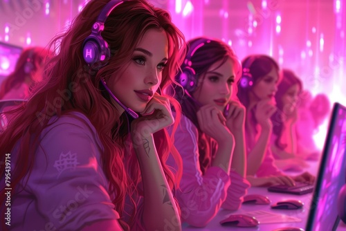 b'Four women wearing headphones sitting in front of computers'