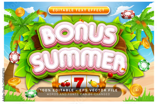 bonus summer 3d text effect and editable text effect with illustration of summer on the beach