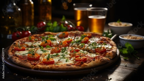 b A delicious pizza with tomatoes and basil on a wooden table 