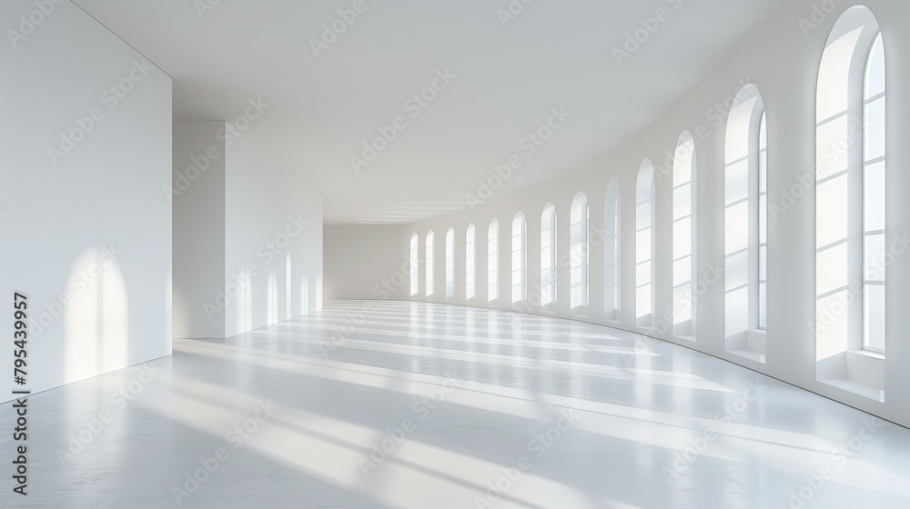 b'Large bright empty white room with arched windows' b'Large bright empty white room with arched windows'