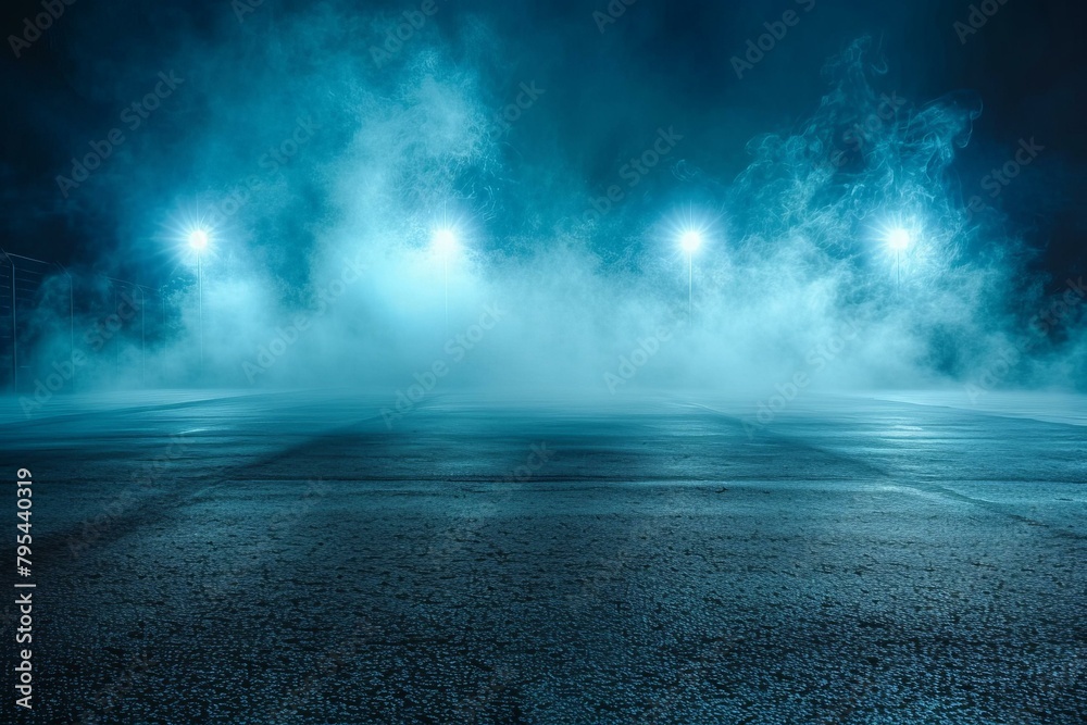 b'Dark and mysterious empty parking lot with blue lights and smoke'