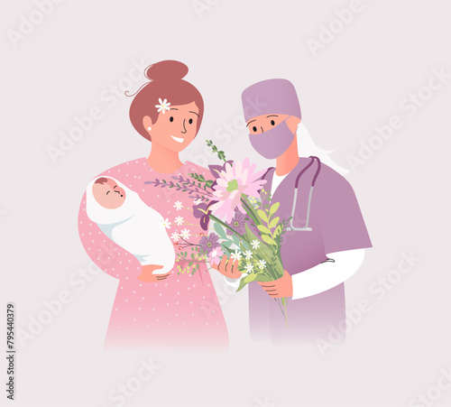 Young female doctor with a big bouquet of flowers and happy mother hold newborn baby  in maternity hospital. Vector illustration