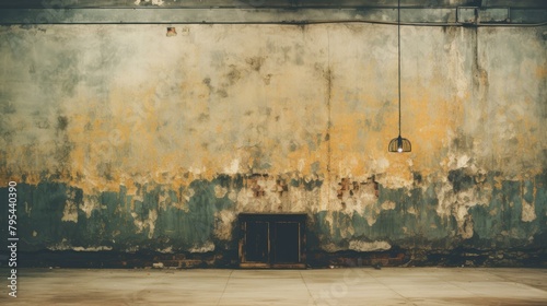 b'Grunge concrete wall with a single hanging light bulb'