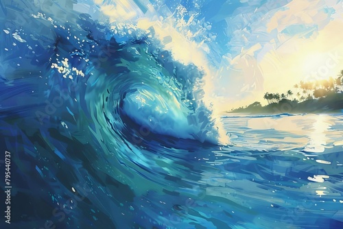 surfs up vibrant blue wave barrel glistening in tropical sunlight digital painting