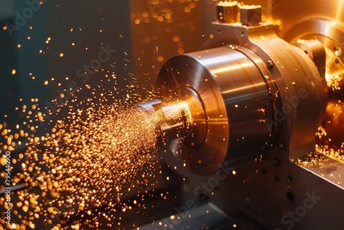 b'Industrial metalworking, bright sparks from metal cutting with a lathe'