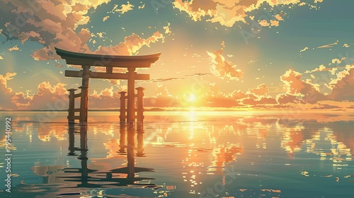 sun shines on the clear water surface and Japanese torii gate standing in the center of it photo