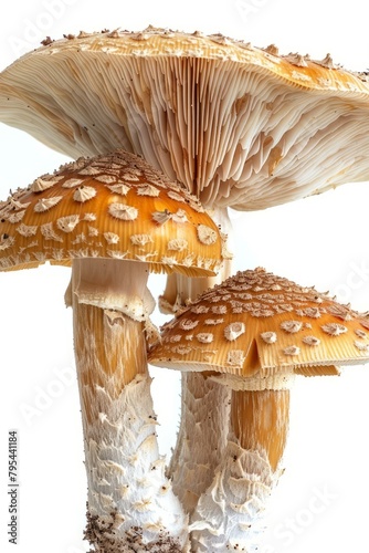 b'Three orange amanita mushrooms with white spots on their caps'