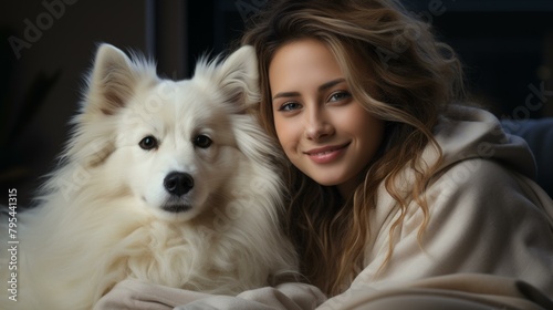 b'An Adorable Young Woman Posing with Her Beloved White Dog' © Adobe Contributor