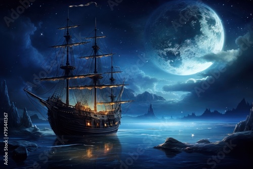 Pirate ship background night astronomy sailboat.