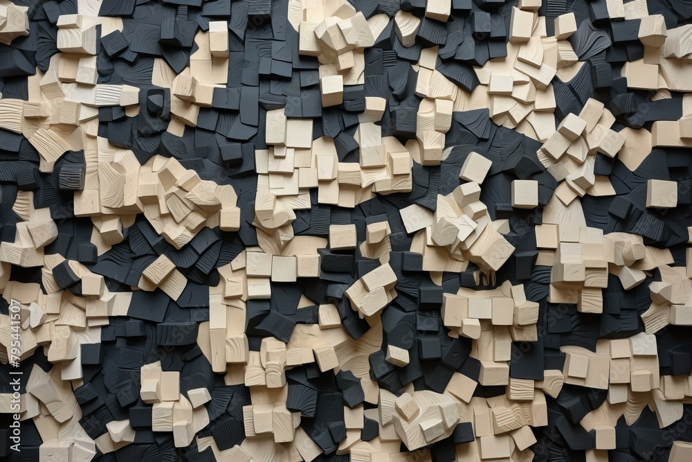 b'Black and white wooden blocks arranged in a staggered pattern' b'Black and white wooden blocks arranged in a staggered pattern'