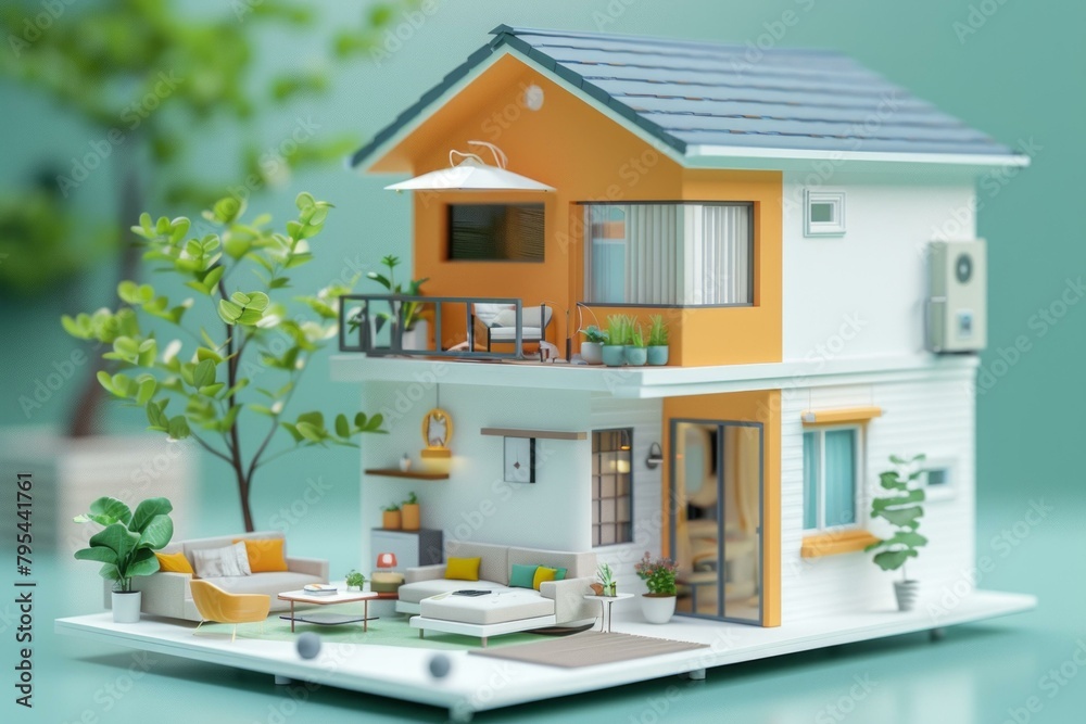 b'3D illustration of a two-story house with a balcony and a terrace' b'3D illustration of a two-story house with a balcony and a terrace'