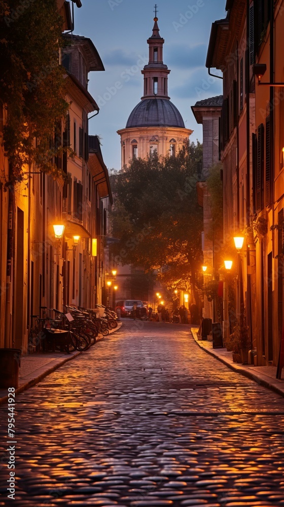 b'cobblestone street with a view of the church'