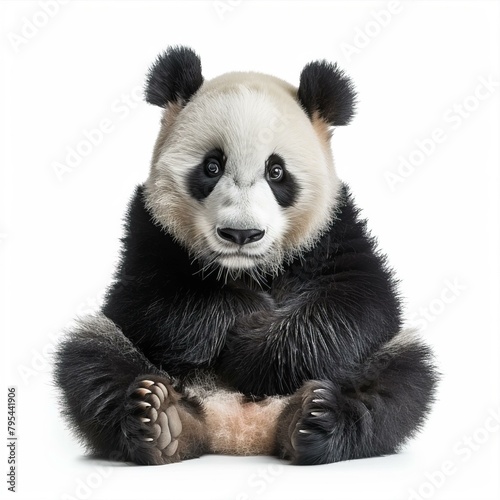 b'A cute panda bear sitting down with its paws in front of it'