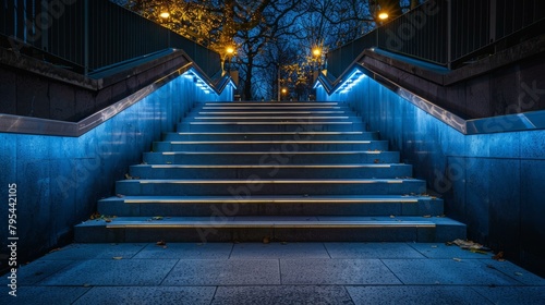 b'Blue illuminated stairs leading up from a city street at night' photo