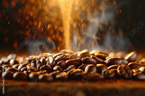 b'Coffee beans close up with smoke and light' photo