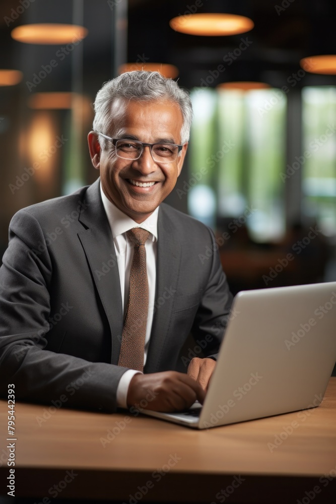 Smiling senior Indian business executive sitting at desk using laptop.