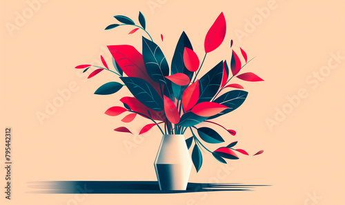 Elegant Digital Illustration of Red and Green Leaves in a Modern Vase