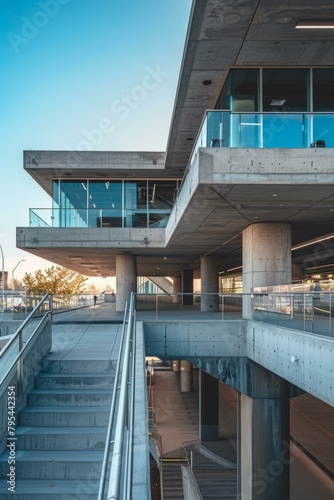 b'Modern building with concrete exterior and glass windows'