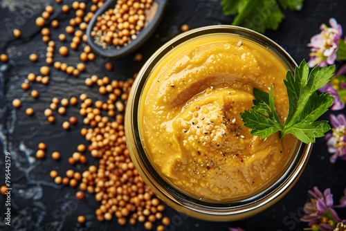 Indulge in the tangy aroma of mustard, its creamy consistency and golden hue captivating