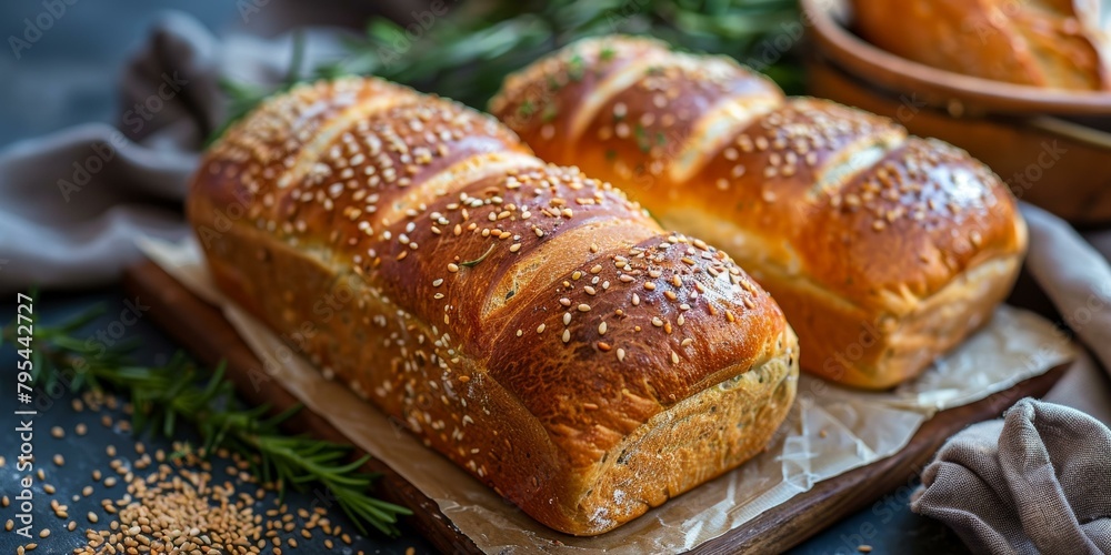 Loaf of bread with sesame seeds on a wooden board Loaf of bread with sesame seeds on a wooden board