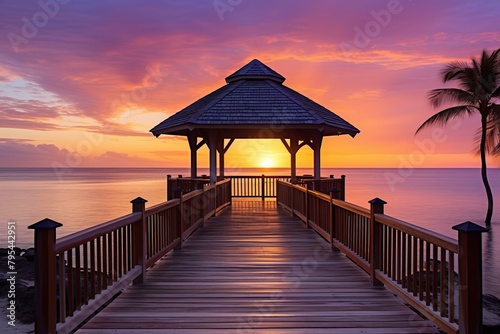 b'Wooden dock leading to a gazebo over calm water at sunset'