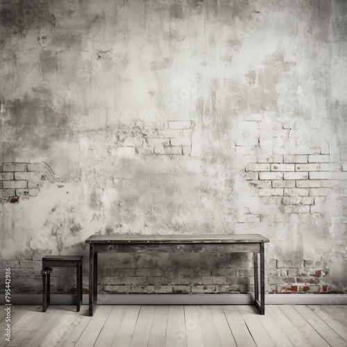 b'An old wooden table and chair in front of a brick wall' © Adobe Contributor