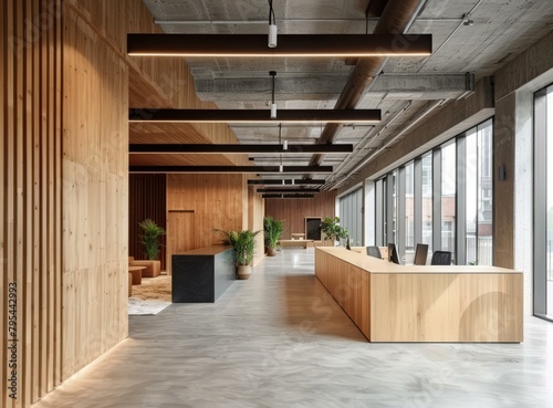 b'Modern office interior with wooden walls and concrete ceiling'