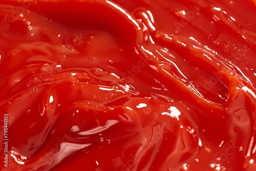 Dive into the vibrant red sea of liquid ketchup, its thick consistency and glossy sheen mesmerizing © Maelgoa