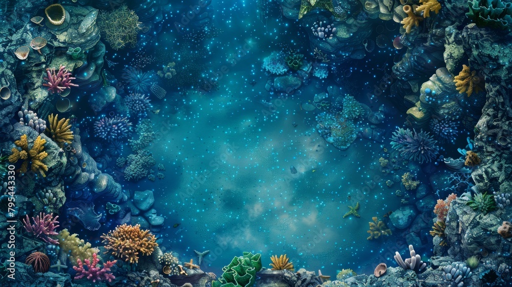 Undersea coral reef fantasy background with glowing particles