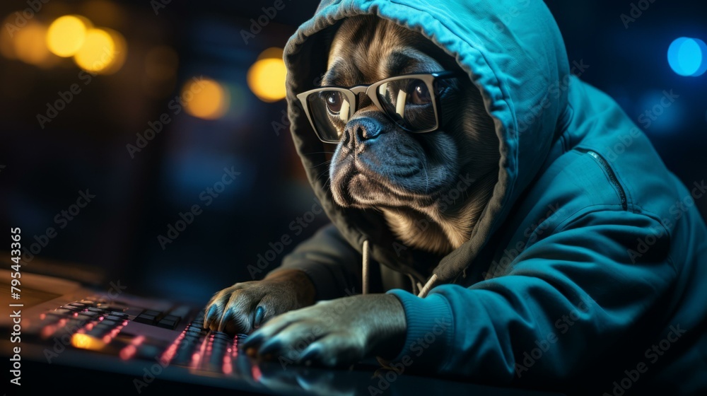 b'A French Bulldog wearing glasses and a hoodie is sitting at a computer keyboard.'