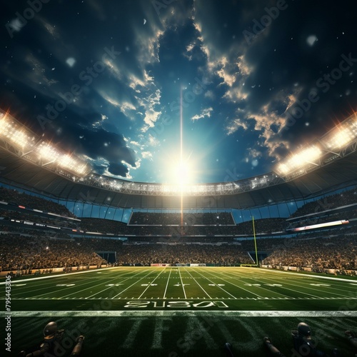 b'American football stadium with bright lights and empty seats' photo