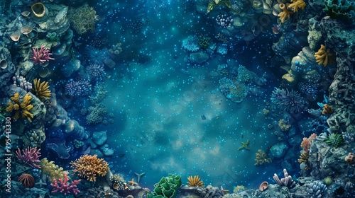 Undersea coral reef fantasy background with glowing particles