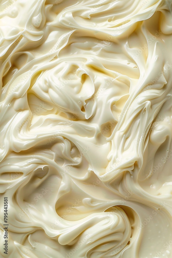 Obraz premium Delve into the silky depths of liquid mayonnaise, its pale hue and velvety flow creating an atmosphere of tranquility