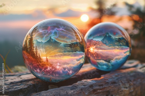 Two crystal balls on a wooden table with a sunset in the background.