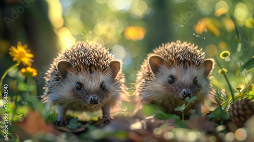 Two cute baby hedgehogs in the forest photo