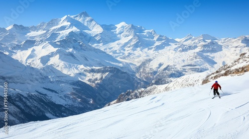 b'A skier is skiing down a slope in the Alps.'
