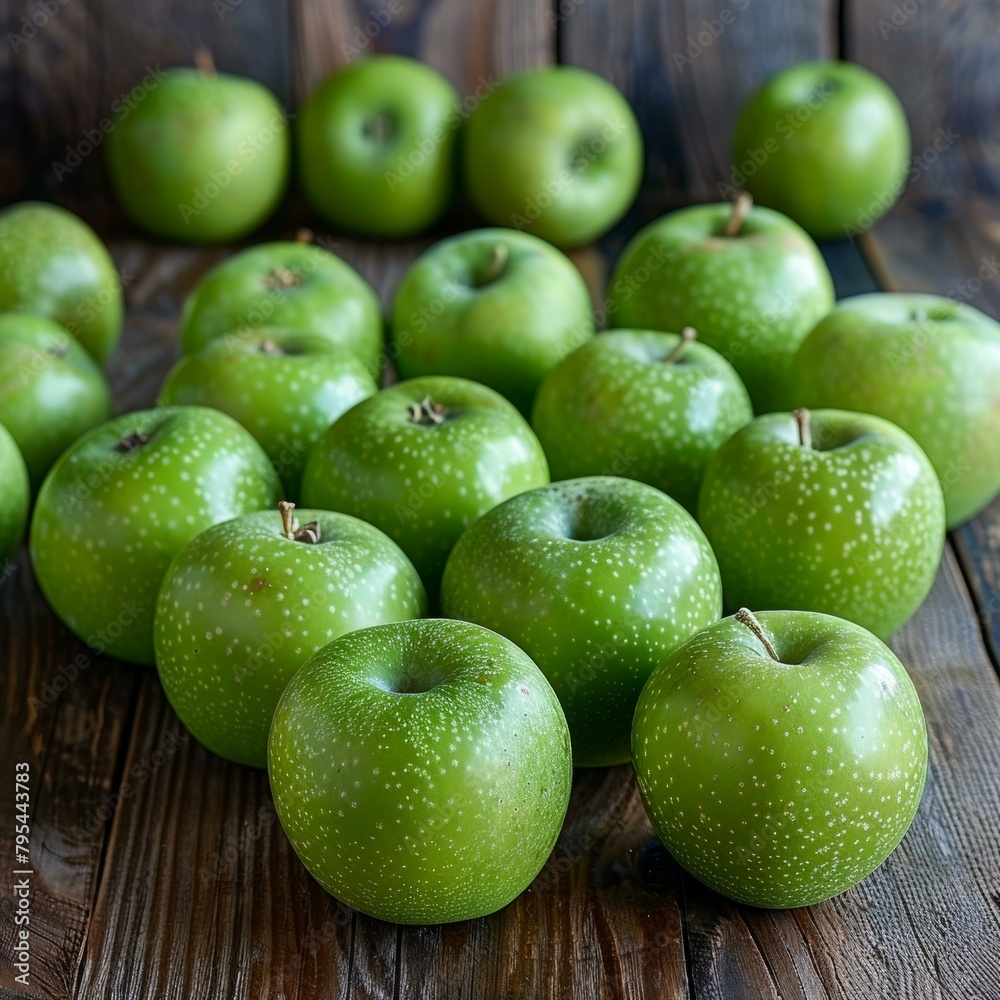A group of green apples on a wooden table