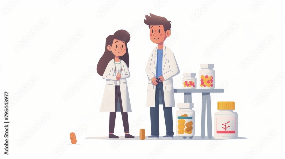 Two pharmacists in lab coats stand next to a table with medicine bottles on it.